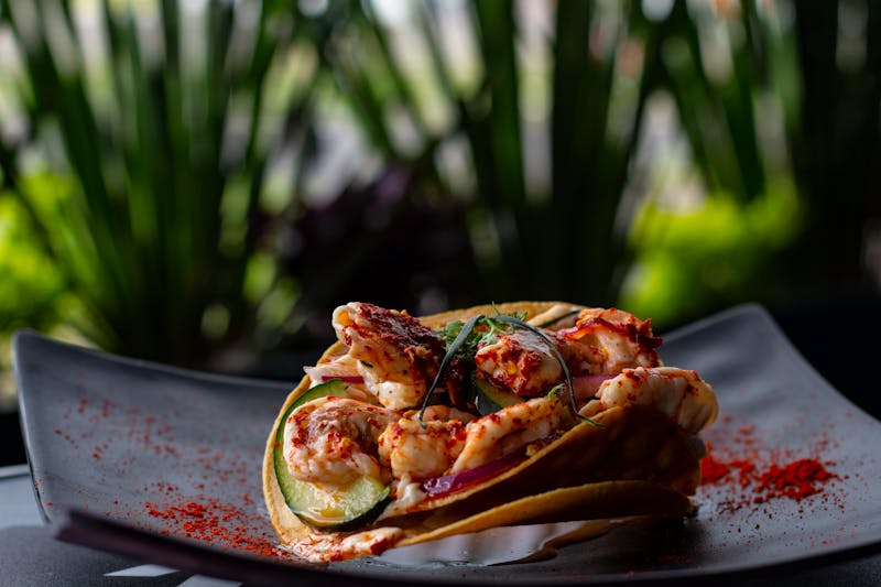 Spicy shrimp tacos with mango salsa at Cafe Rio